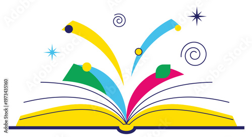 Open Book with Colorful Elements Bursting Out.