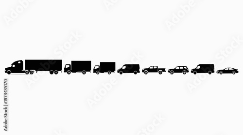 Silhouette line of various truck and car vehicle types side view