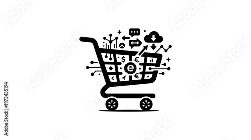 E-commerce shopping cart with digital network and currency icons