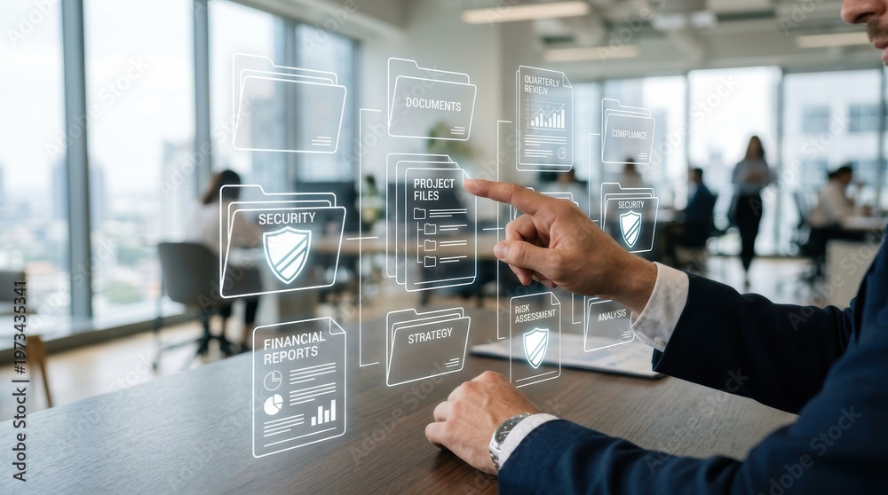 Fototapeta premium Business professional interacting with digital interface of documents and data