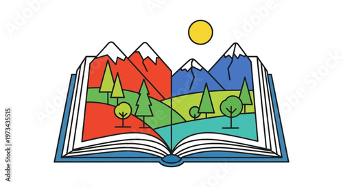 Open book with colorful landscape illustration and sun.