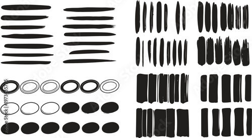 Abstract brush strokes collection diverse black ink textures on a white background