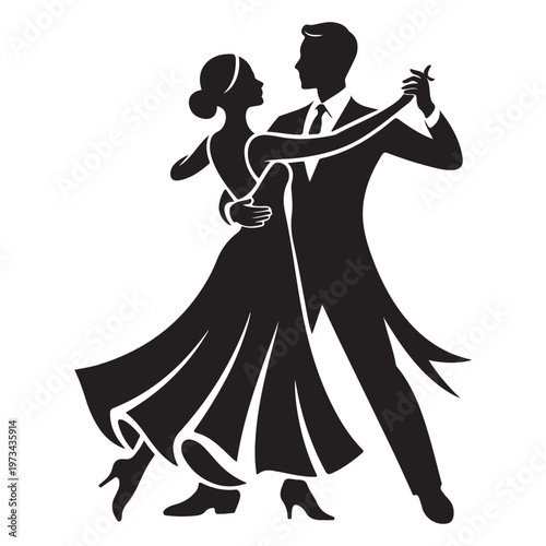 Elegant couple dancing ballroom waltz waltz, man in tuxedo, woman in flowing gown, romantic celebration.