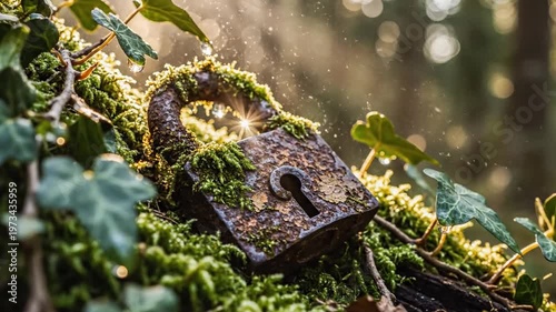 Rusty padlock covered in moss and ivy in natural forest light