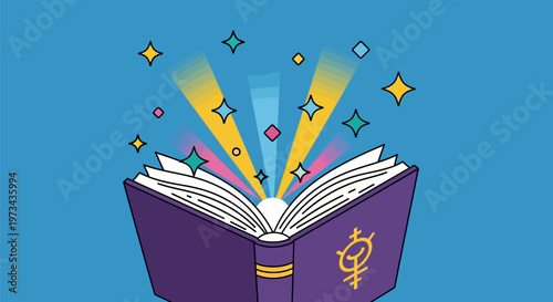 Open Book with Glowing Light and Sparkling Stars.