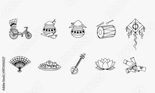 hindu puja elements line art set