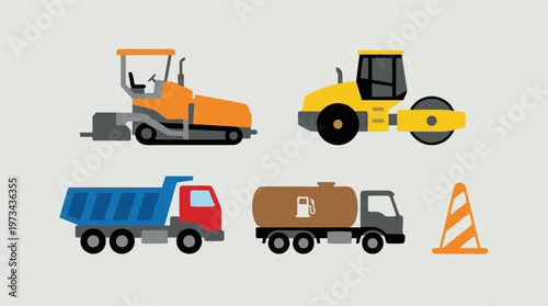 Construction vehicle set. Paver, roller, dump truck, fuel tanker. Road work vector icons.
