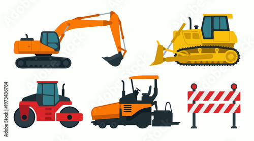 Heavy construction equipment set. Excavator, bulldozer, roller, paver, barrier. Vector icons.