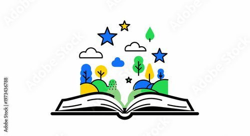 Open book with nature elements and stars.