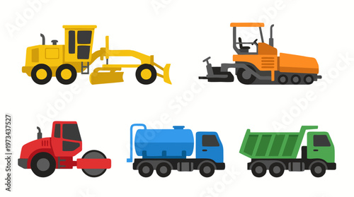 Construction vehicles set. Grader, paver, roller, tanker, and dump truck. Road work vector