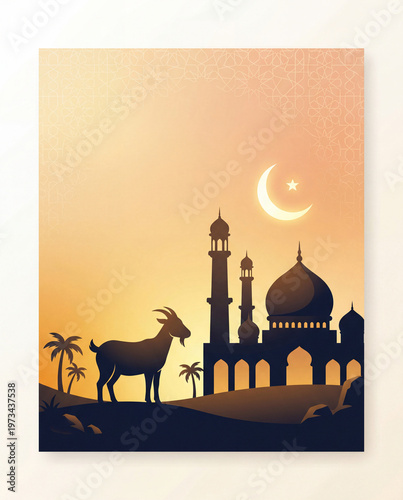 Minimalist Eid al-Adha Background with Goat and Mosque Silhouette