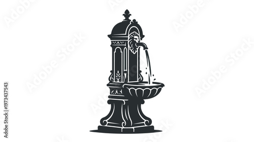 Elegant Urban Fountain: An artistic depiction of an ornate urban fountain, showcasing intricate architectural design with water gracefully cascading into a decorative basin.