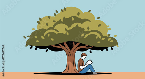 Person reading a book under a large tree.