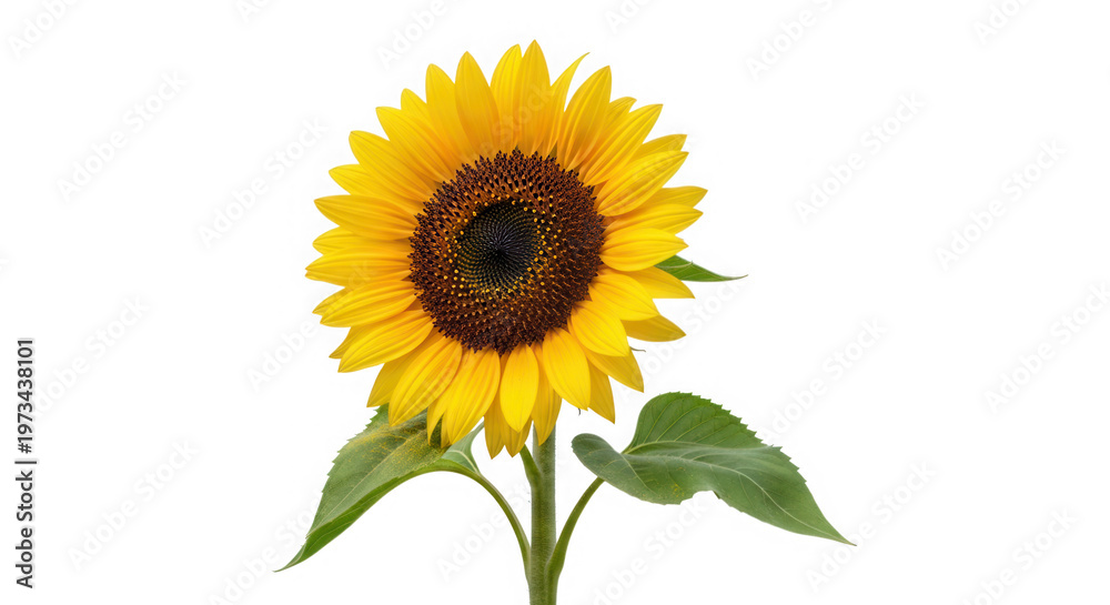 Obraz premium Beautiful yellow sunflower with green leaves isolated on transparent background