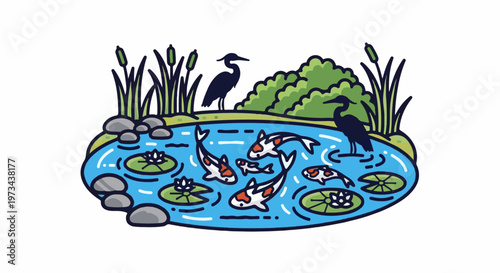 A stylized pond scene featuring koi fish, herons, lily pads, and reeds