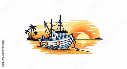 A stylized fishing boat rests on a sandy beach with palm trees under a vibrant sunset