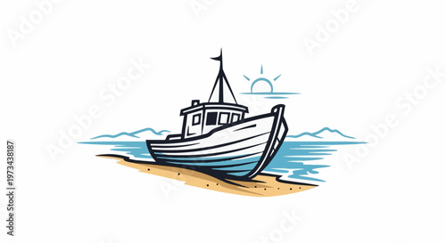 A stylized fishing boat rests on a sandy beach at sunrise with distant mountains