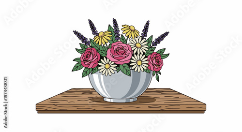 A silver bowl overflowing with pink roses, yellow daisies, white daisies, and lavender on a wooden surface
