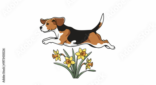 Cartoon beagle dog leaps joyfully over a cluster of vibrant yellow daffodils