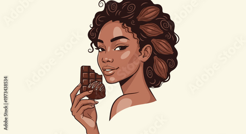 A woman with curly dark hair adorned with cocoa pods, savoring a bite of chocolate