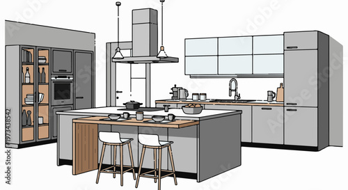 A modern, minimalist kitchen with a large island, integrated appliances, and ample storage