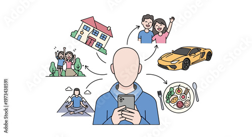 Man Looking at Smartphone with Social Media Pressure Icons, Lifestyle Comparison, FOMO, and Digital Mental Health Concept