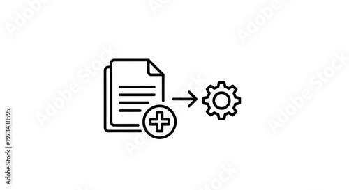 Document Processing Icon with Plus Sign and Gear Symbol, Workflow Automation Concept