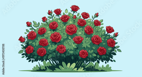 A lush green bush overflowing with vibrant red roses, set against a soft blue sky