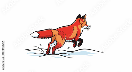Red fox leaping through snow with blue accents