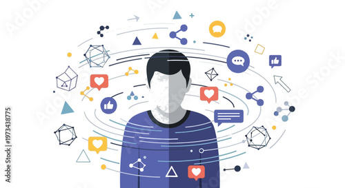 Man Surrounded by Social Media Icons Swirl, Concept of Information Overload, Digital Distraction, and Network Connectivity.