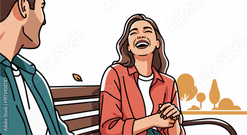 A joyful woman laughs heartily while sitting next to a man on a park bench amidst autumn trees