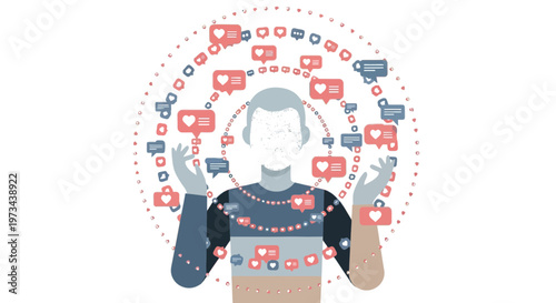 Social Media Addiction Concept Illustration, Man Surrounded by Notification Bubbles, Digital Overload and Online Validation Pressure