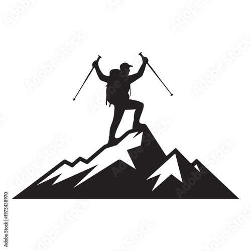 Hiker silhouette reaching mountain summit with trekking poles, celebrating victory at peak, adventurous expedition, extreme sport, outdoor activity, and challenging climb, success and achievement.