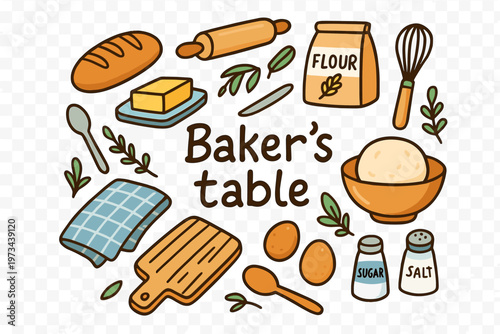 Baker's Table Doodle. Baker’s table. Hand-drawn doodle illustration of baker’s table. Bread loaf, rolling pin,
