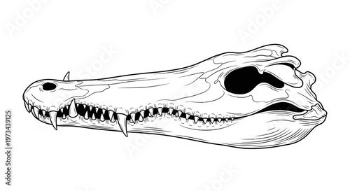 Alligator Skull Line Drawing Illustration, Reptile Bone Head, Wildlife Anatomy