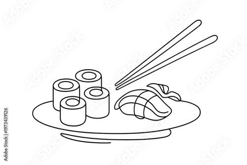 Minimalist Sushi Art. "Elegant Sushi". Minimalistic one-line drawing artistic sushi platter with chopsticks