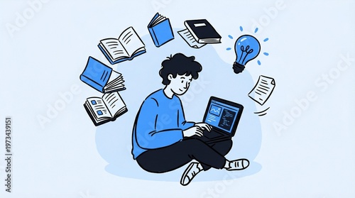 A young man sitting with a laptop surrounded by books and ideas