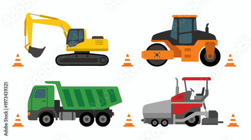 Construction vehicles set. Excavator, roller, dump truck, paver. Road work vector.