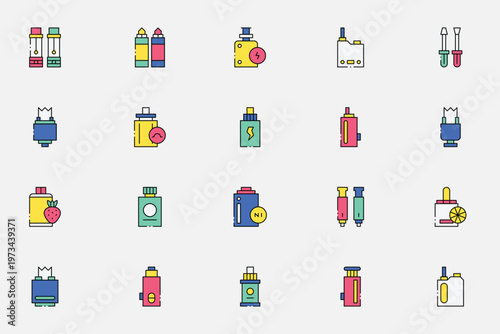 Vaping tools and e cigarette equipment linear color icons set