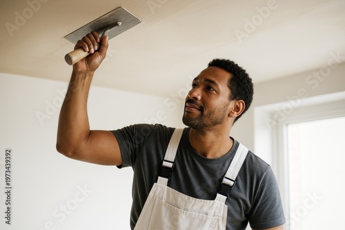 Worker plastering ceiling with trowel during home renovation, dressed in overalls, in bright interior background with natural light. Ai generative