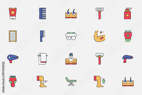 Hair treatment and professional grooming flat line icons set