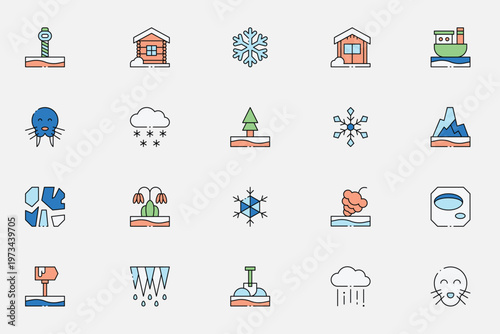 Winter season arctic nature and cold weather icons set