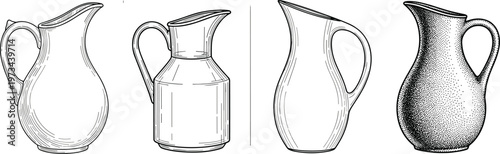 Vintage pitcher and jug collection in engraved sketch style, classic kitchen containers in detailed black vector illustration set