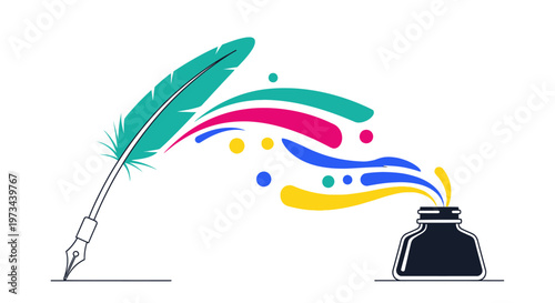 Quill pen and inkwell with colorful ink splashes.