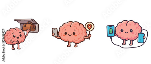 Cute brain characters with luggage phone and charger