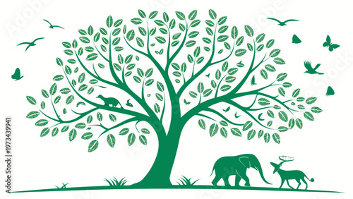 Biodiversity illustration with green tree, animals and birds, symbolic ecosystem design for international day for biological diversity and environmental conservation