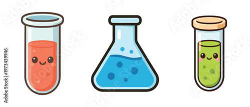 Cute cartoon test tubes and flask with colorful liquid