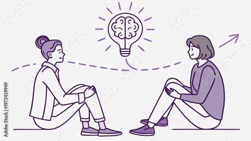 Mental health awareness illustration with two people and abstract brain symbol, supportive design for world schizophrenia day and psychological care