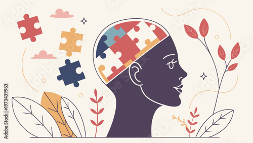 Mental health concept illustration with human profile and puzzle pieces in brain, symbolic design for world schizophrenia day and awareness support