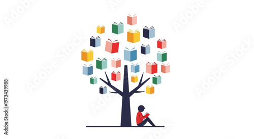 Person reading under a tree with books as leaves.